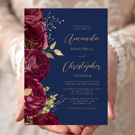 Burgundy Floral Gold Script Navy Blue Wedding Einladung