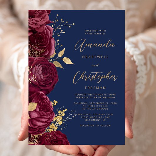 Burgundy Floral Gold Script Navy Blue Wedding Einladung