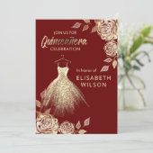 Burgundy Floral Gold Sequenzen kleiden Quinceañera Einladung (Stehend Vorderseite)
