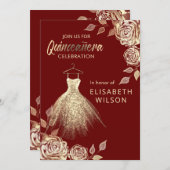 Burgundy Floral Gold Sequenzen kleiden Quinceañera Einladung (Vorne/Hinten)