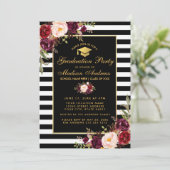 Burgundy-Floral-Gold-Striped Graduation Party Einladung (Stehend Vorderseite)