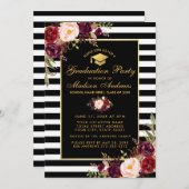 Burgundy-Floral-Gold-Striped Graduation Party Einladung (Vorne/Hinten)