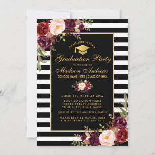 Burgundy-Floral-Gold-Striped Graduation Party Einladung