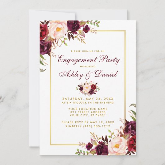 Burgundy Floral Gold Wedding Verlobung Einladung B (Vorderseite)