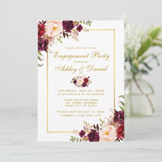 Burgundy Floral Gold Wedding Verlobung Einladung G (Stehend Vorderseite)