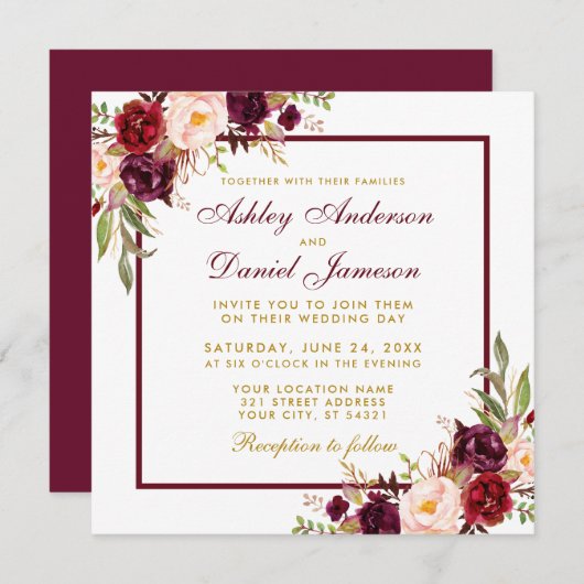 Burgundy Floral Gold Wedite Card B Einladung (Vorne/Hinten)
