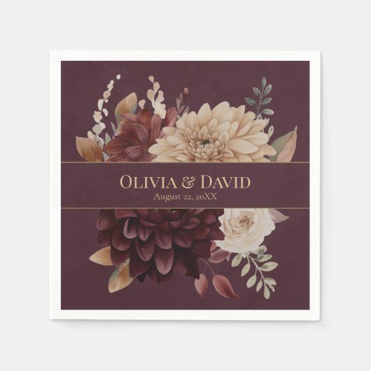 Burgundy Floral Gothic Personalized Wedding Napkin Serviette (Vorderseite)