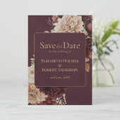 Burgundy Floral Gothic Save the Date Card Einladung (Stehend Vorderseite)