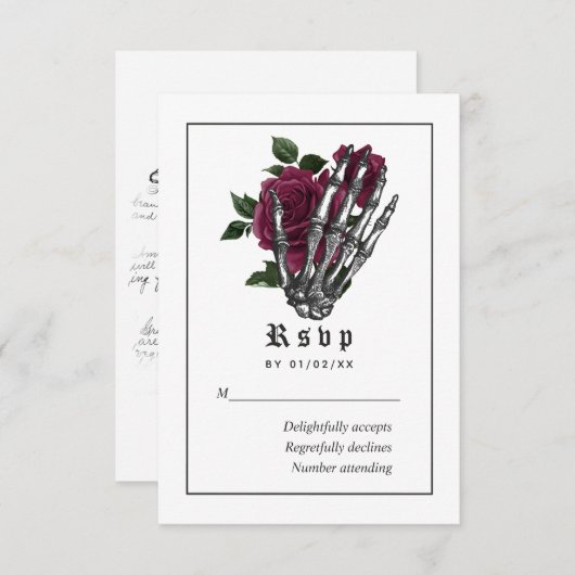 Burgundy Floral Gothic Skeleton Wedding RSVP Karte (Vorne/Hinten)