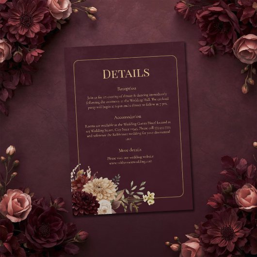 Burgundy Floral Gothic Wedding Details Card Einladung