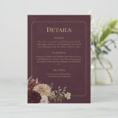 Burgundy Floral Gothic Wedding Details Card Einladung (Stehend Vorderseite)
