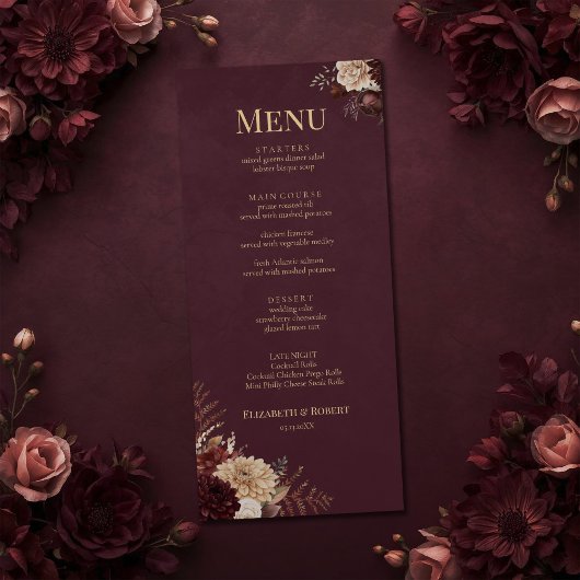 Burgundy Floral Gothic Wedding Menu Menükarte