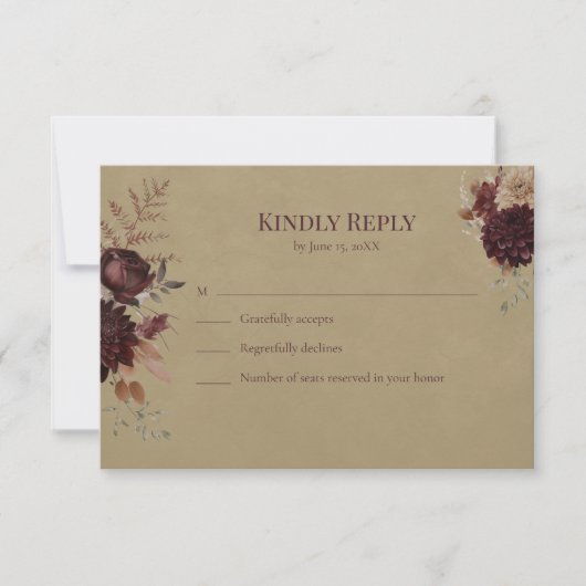 Burgundy Floral Gothic Wedding RSVP Card Karte (Vorderseite)