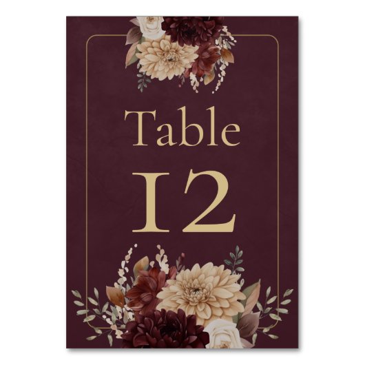 Burgundy Floral Gothic Wedding Table Number Tischnummer (Vorderseite)