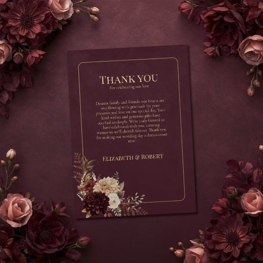 Burgundy Floral Gothic Wedding Thank You Card Dankeskarte