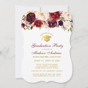 Burgundy Floral Graduation Party Gold Einladung B