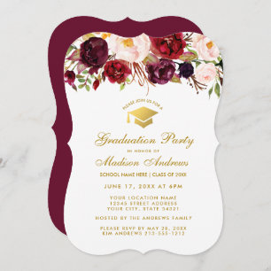 Burgundy Floral Graduation Party Gold Einladung BG