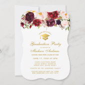 Burgundy Floral Graduation Party Gold Einladung BG (Vorderseite)
