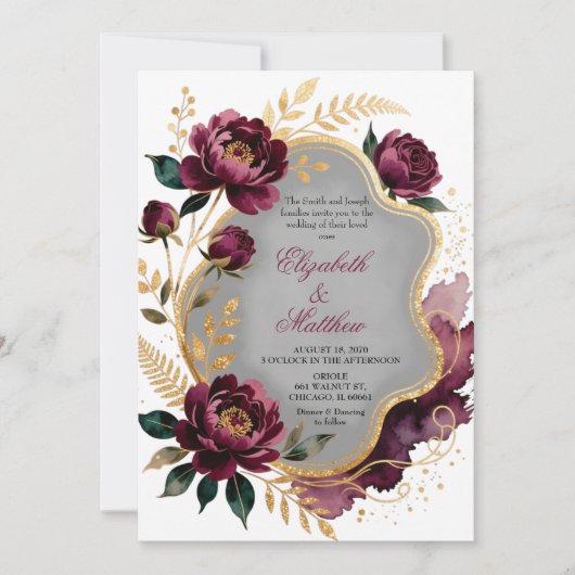 Burgundy Floral Gray Gold Luxury Wedding Einladung (Vorderseite)