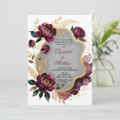 Burgundy Floral Gray Gold Luxury Wedding Einladung (Stehend Vorderseite)