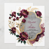 Burgundy Floral Gray Gold Luxury Wedding Einladung (Vorne/Hinten)