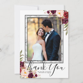 Burgundy Floral Gray Marble Script Foto Wedding Dankeskarte