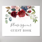 Burgundy Floral Greenerity Wedding Guest Book Sign Poster (Vorne)