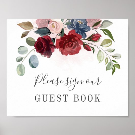Burgundy Floral Greenerity Wedding Guest Book Sign Poster (Vorne)