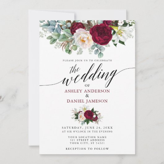 Burgundy Floral Greenery Calligraphy Wedding W Einladung (Vorderseite)