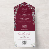 Burgundy Floral Greenery QR Code Wedding All In One Einladung (Innen Boden)