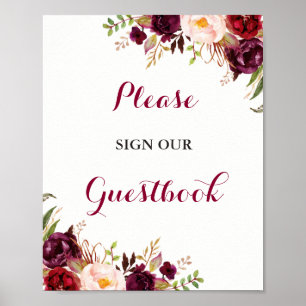 Burgundy Floral Guestbook Wedding Sign Poster