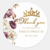 Burgundy Floral Herbst Süße 16 Dankeschön Karten Runder Aufkleber (Vorderseite)