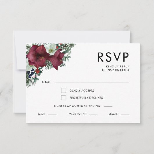 Burgundy Floral Holiday Greenerie Winter Wedding RSVP Karte (Vorderseite)