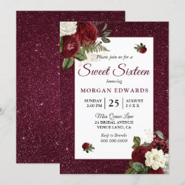 Burgundy Floral Imitate Metallic Sweet 16 Einladun Einladung
