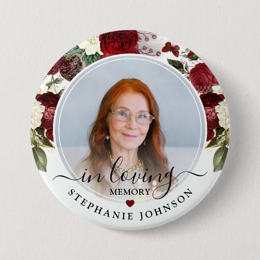 Burgundy Floral in Love Memory Foto Memorial Button (Vorderseite)