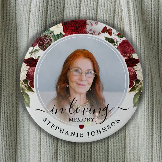 Burgundy Floral in Love Memory Foto Memorial Button