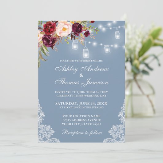 Burgundy Floral Jar Lights Lace Dusty Blue Wedding Einladung (Stehend Vorderseite)