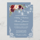 Burgundy Floral Jar Lights Lace Dusty Blue Wedding Einladung (Vorne/Hinten)