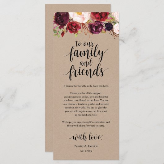 Burgundy floral Kraft Platzierung Dankeschön Karte (Vorne/Hinten)