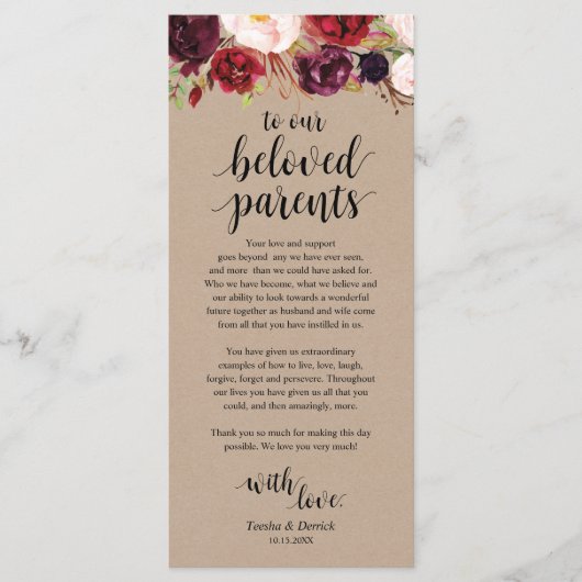 Burgundy floral Kraft Platzierung Dankeschön Karte (Vorderseite)