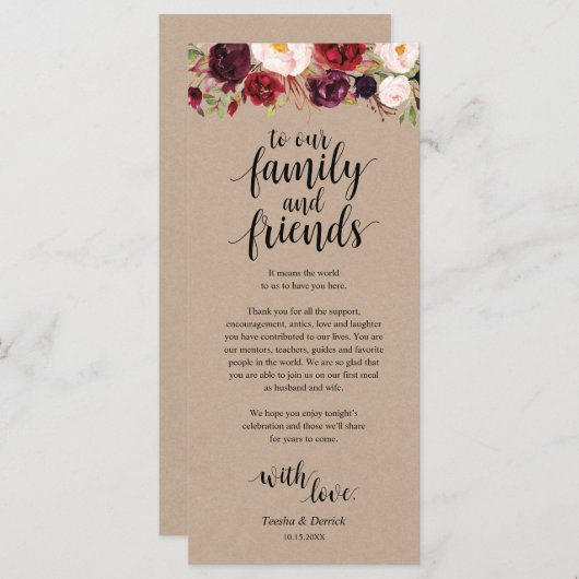 Burgundy floral Kraft Platzierung Dankeschön Karte (Vorne/Hinten)