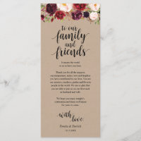 Burgundy floral Kraft Platzierung Dankeschön Karte
