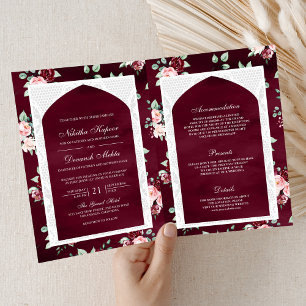 Burgundy Floral Lace All in One Indian Wedding Einladung