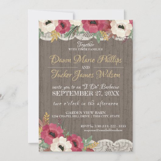 Burgundy Floral Lace Rustikale GRILLEN Hochzeitsem Einladung (Vorderseite)