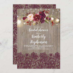 Burgundy Floral Lace Rustikales Brautparty Einladung