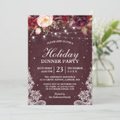 Burgundy Floral Lace String Lights Holiday Party Einladung (Stehend Vorderseite)