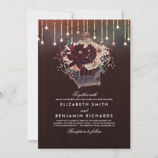 Burgundy Floral Lantern Lichter Rustikale Holz Hoc Einladung (Vorderseite)