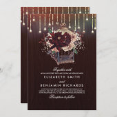 Burgundy Floral Lantern Lichter Rustikale Holz Hoc Einladung (Vorne/Hinten)