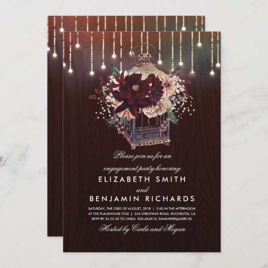 Burgundy Floral Lantern Rustikale Engagement Parte Einladung (Vorne/Hinten)