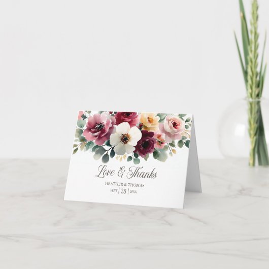 Burgundy Floral Liebe und Dank Hochzeit Dankeskarte (Vorderseite)
